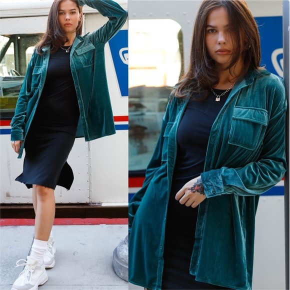 Teal Corduroy Velvet Oversized Shirt - Picture 1 of 7